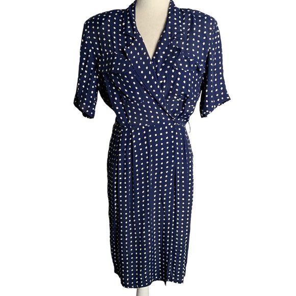 Vintage 80s Karin Stevens Wrap Dress S Blue Polka Dot Midi Shoulder Pads Snaps - Picture 1 of 6